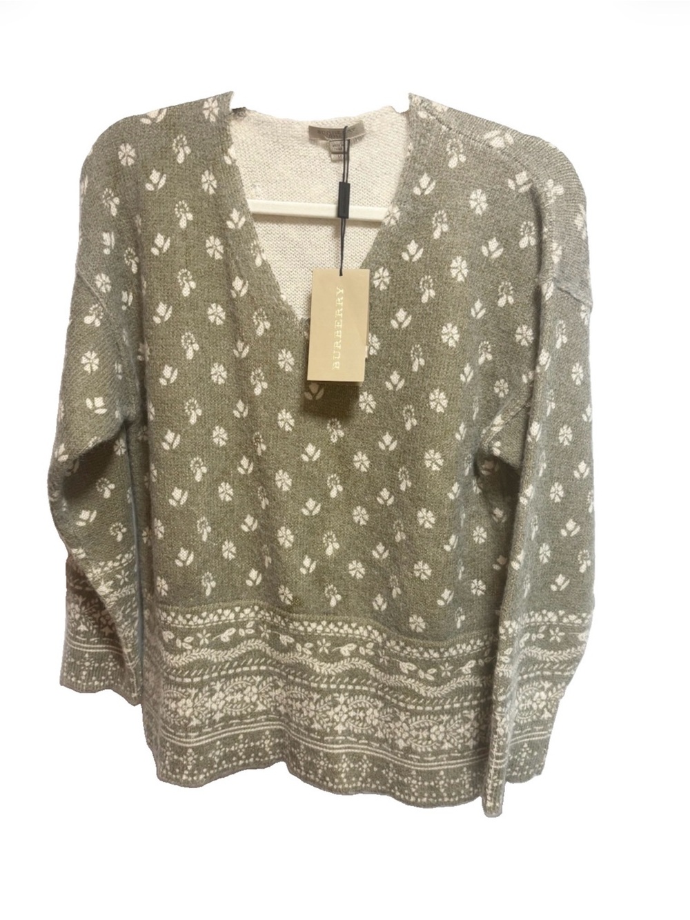 Burberry green & Cream Floral Knit V-Neck alpaca wool Sweater FLAW
